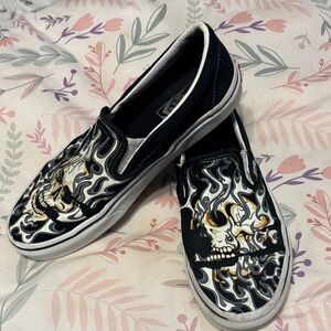 Vans Black and White Skull Slip-On Loafers